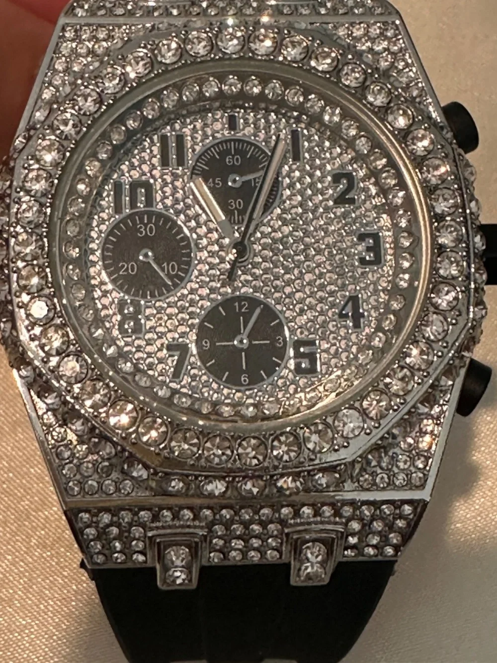 Ice Star Rhinestone Statement Watch Black Silicone Band Working